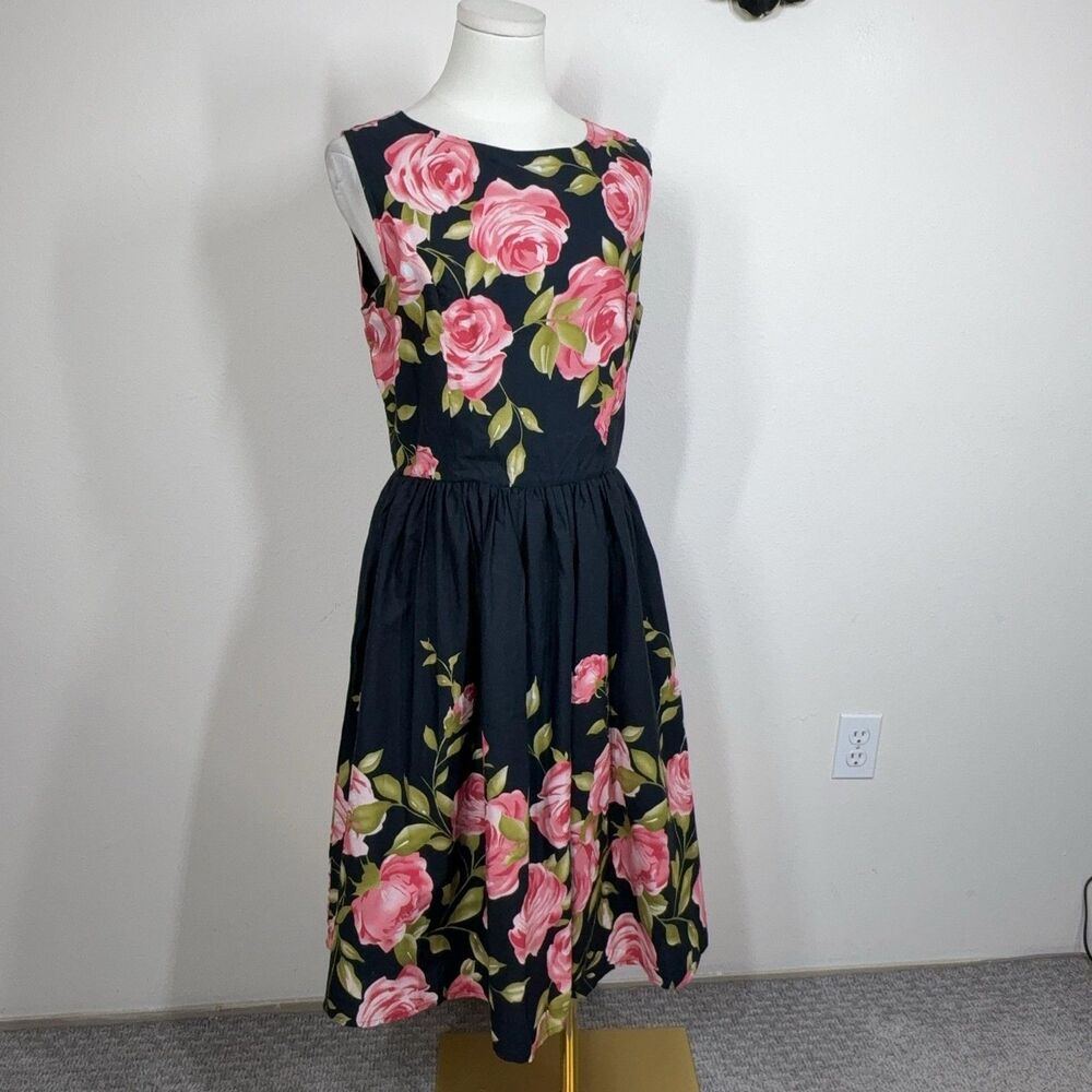 Lindy Bop Dress Women 8 Black Pink Rose Floral Audrey Rockabilly Midi Fit Flare